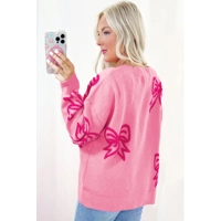 Pink Bow Pattern Drop Shoulder Loose Sweater