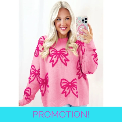 Pink Bow Pattern Drop Shoulder Loose Sweater