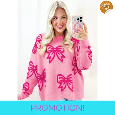 Pink Bow Pattern Drop Shoulder Loose Sweater