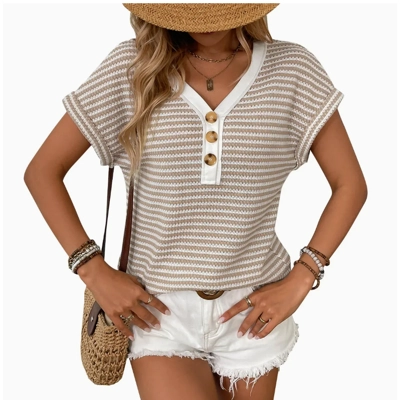 V-Neck Button Knit Pullover Short Sleeve