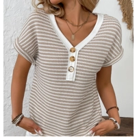 V-Neck Button Knit Pullover Short Sleeve