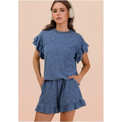 Floral Textured Ruffled Knit Top & Shorts Set