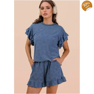 Floral Textured Ruffled Knit Top & Shorts Set