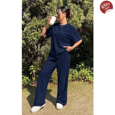 Navy Textured Pants Set