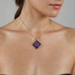 Black Resin Necklace with Real Pink Flowers – Unique Shapes