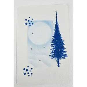 Minimalistische winterkaart met blauwe den en maan