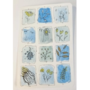 Aquarelkaart met botanische miniaturen in blauw en geel