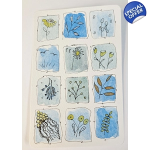 Aquarelkaart met botanische miniaturen in blauw en geel