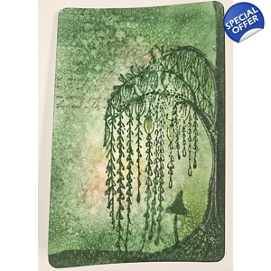 Groene mixed media kaart met treurwilg en lantaarn