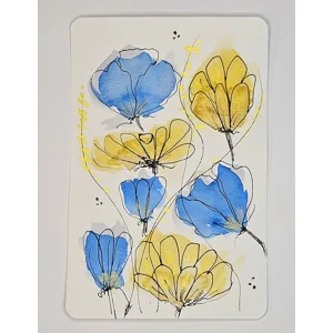 WK-227 Aquarel Bloemenkaart in Blauw en Geel
