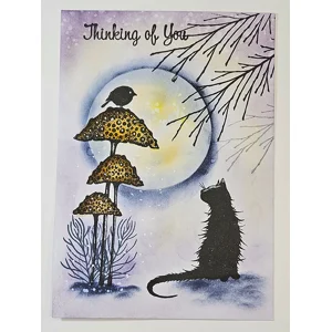 WK-291 Mixed Media kaart met Kat, Paddenstoelen en Maanlicht