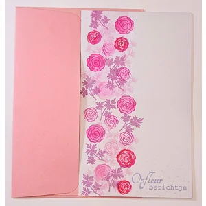 WK-294 Dubbele Mixed media kaart met met Roze roosjes, vlinder en zilveren Details
