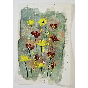 WK-296 Aquarel Kaart met Gele en Donkerrode Bloemen