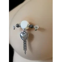 Silver Heart with Gunmetal Chains  Gunmetal 6mm beads - Non Piercing Nipple Rings - Fake Piercing