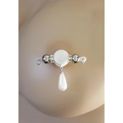 Imitation Pearl With Stainless Steel Beads  -  Barbell Style - NON PIERCING nipple jewelry - Fake Pi