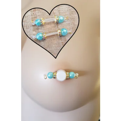 Aqua Pearl Beads with Gold AB Rondelles Fake Barbell Nippl..