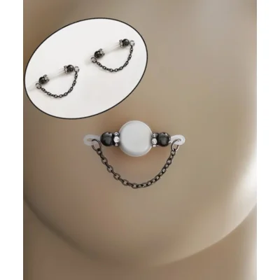 Pair of Gunmetal Single Cable Chain Fake Barbells - Non Piercing Nipple Jewelry - b-035