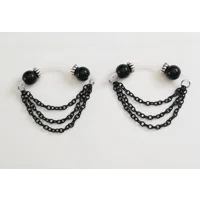 Pair of Black Triple Chain Fake Barbells - Non Piercing Nipple Jewelry - b-060