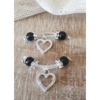 Sweetheart Clear Rhinestone Heart in Silver Choose Your Bead Color- Fake Piercing Nipple Jewelry - b