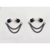Matte Black Glass Beads with Gunmetal Chain Barbell Style Nipple Rings - Non Piercing - Adjustable -