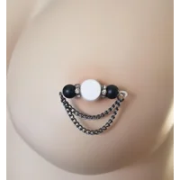 Matte Black Glass Beads with Gunmetal Chain Barbell Style Nipple Rings - Non Piercing - Adjustable -