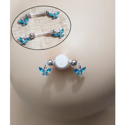 Blue Butterflies and Stainless Steel Beads- Fake Barbell  - NON PIERCING nipple jewelry- b-012