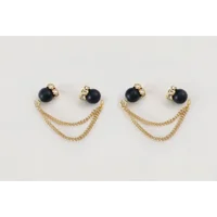 Matte Black Glass Beads with 14k Gold Plated Chain Barbell Style Nipple Rings - Non Piercing - Adjus