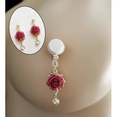 Red Rose Nipple Noose- Non Piercing Nipple Jewelry - Fake Nipple Ring - Adjustable - b-039