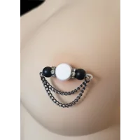 Matte Black Glass Beads with Gunmetal Chain Barbell Style Nipple Rings - Non Piercing - Adjustable -