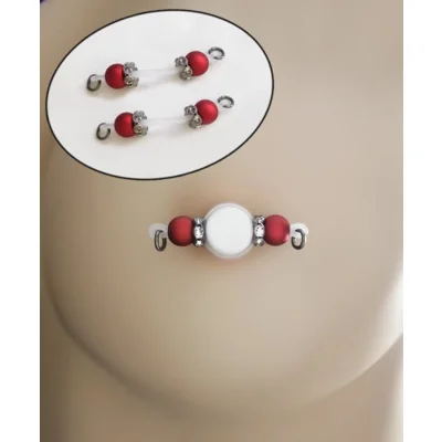 Matte Red and Gunmetal - Fake Barbell-Non Piercing Nipple Rings 8mm beads and Clear Rhinestone Ronde