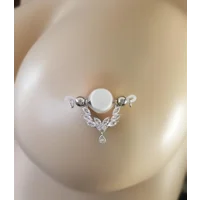 Marquee Rhinestone Nipple Stirrup Fake Barbell  - Non Piercing Nipple Jewelry - Fake Nipple Ring - A