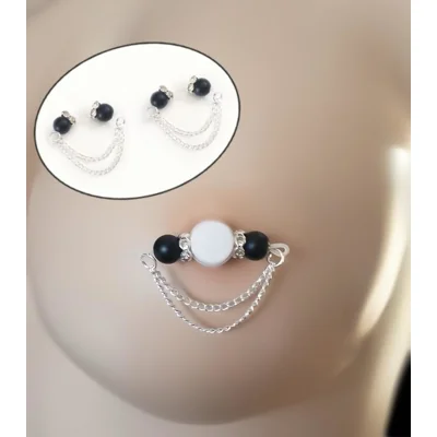 Matte Black Glass Beads with Silver Chain Barbell Style Nipple Rings - Non Piercing - Adjustable - C