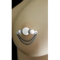 Imitation Pearls with Gunmetal Rondelles and Gunmetal Chain- PAIR Fake Barbell  - NON PIERCING nippl
