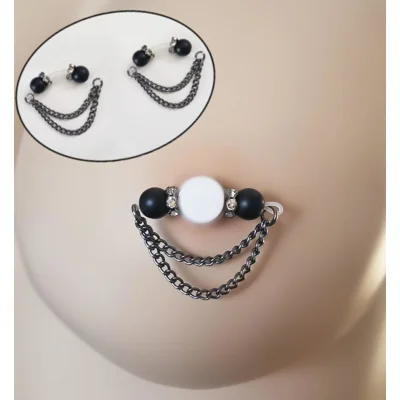Matte Black Glass Beads with Gunmetal Chain Barbell Style Nipple Rings - Non Piercing - Adjustable -