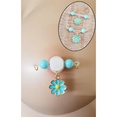SUPER CUTE! Blue Flower Barbell - Non Piercing Nipple Jewelry - Fake Nipple Ring - Adjustable - b-10