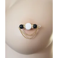 Matte Black Glass Beads with 14k Gold Plated Chain Barbell Style Nipple Rings - Non Piercing - Adjus