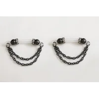 Pair of Gunmetal Double Cable Chain Fake Barbells - Non Piercing Nipple Jewelry - b-035