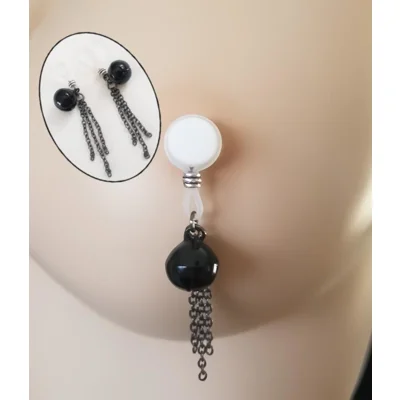 Black Jingle Bell with gunmetal chain Nipple Noose- Non Piercing Nipple Jewelry - Fake Nipple Ring -