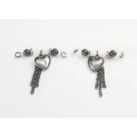 Silver Heart with Gunmetal Chains  Gunmetal 6mm beads - Non Piercing Nipple Rings - Fake Piercing