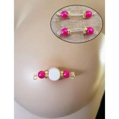 Magenta Pearl Beads with Gold AB or Clear Rondelles Fake Barbell Nipple Rings - non piercing nipple