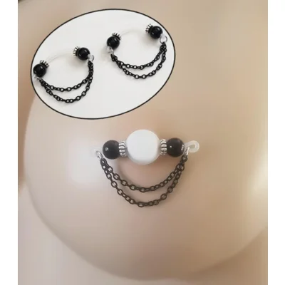 Black Double Cable Chain Fake Barbells - Non Piercing Nipple Jewelry - b-060