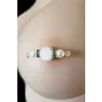 Imitation Pearls and Cyan Rhinestones - Gold Chains available -Non Piercing Nipple Rings  b-097cyang