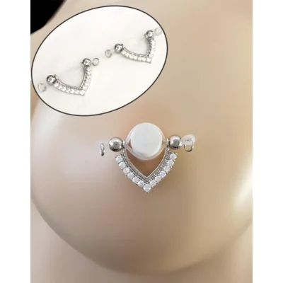 Rhinestone Nipple Stirrup Fake Barbell  - Non Piercing Nipple Jewelry - Fake Nipple Ring - Adjustabl