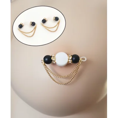 Matte Black Glass Beads with 14k Gold Plated Chain Barbell Style Nipple Rings - Non Piercing - Adjus