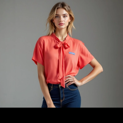 Coral Tie Neck Short Sleeve Blouse
