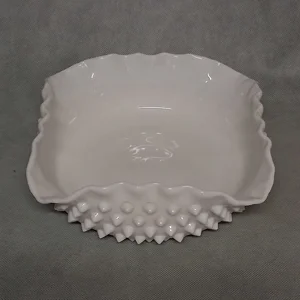 Fenton Pointy Hobnail Milk Glass Dessert Serving Bowl 7-1/2” Square Ruffled Edge