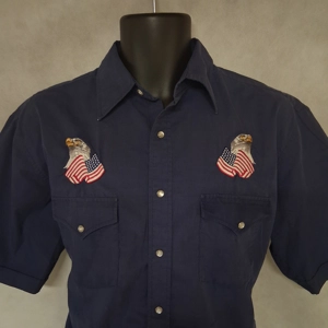 High Noon Patriotic Western Shirt Medium  Blue US Flag Bald Eagle Short Sleeves