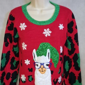 33 Degrees Ugly Christmas Long Tunic Sweater Llama XS Red White Fluffy Glitter