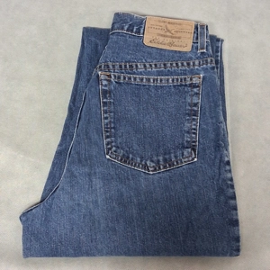 Eddie Bauer Blue Jeans 10 Tall 30x34 Medium Washed Tapered Leg Frayed  Stained