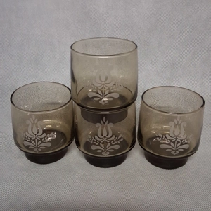 Pfaltzgraff Village Brown Rocks Juice Glasses 4 Smoked Etched 8 oz Libbey